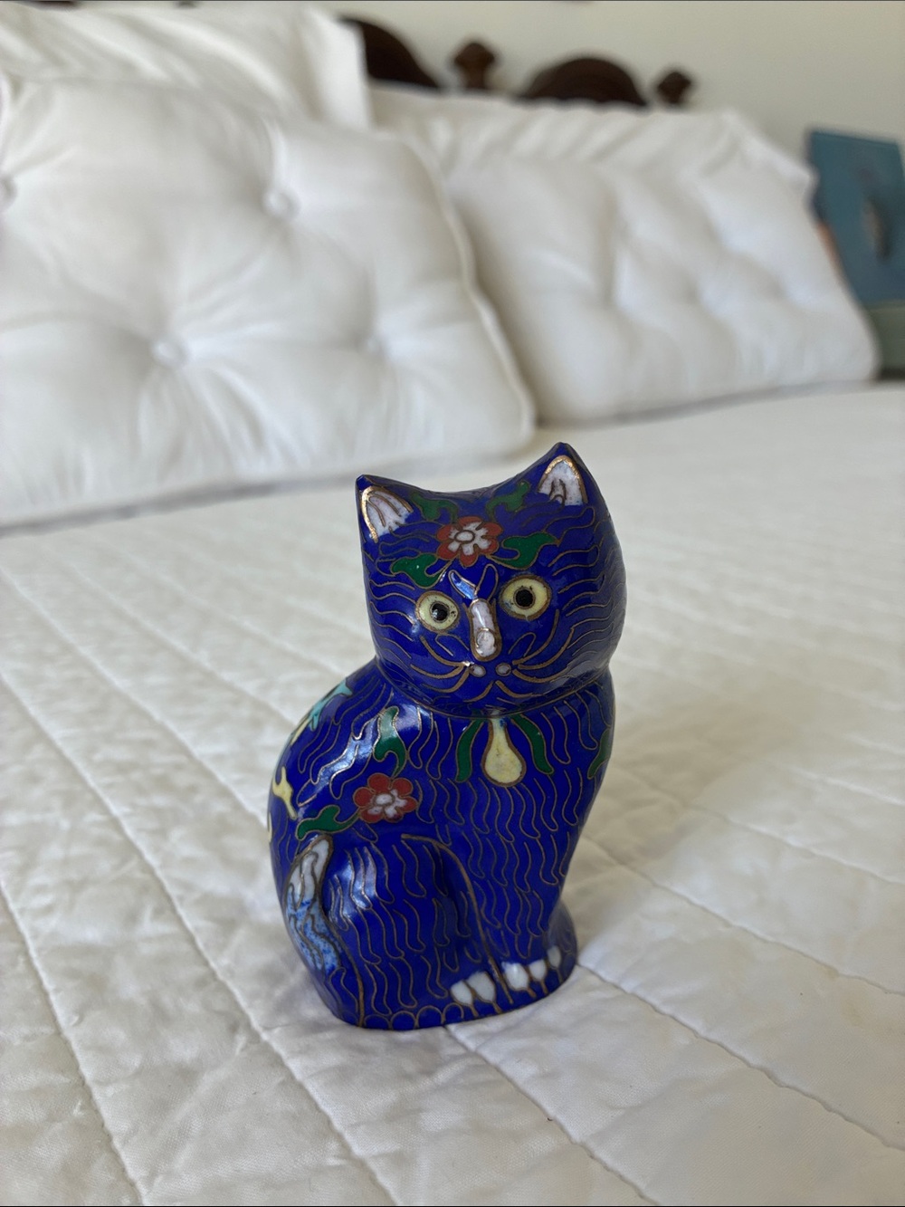 Handcrafted Blue Cloisonné enamel, copper miniature cat Figurine -